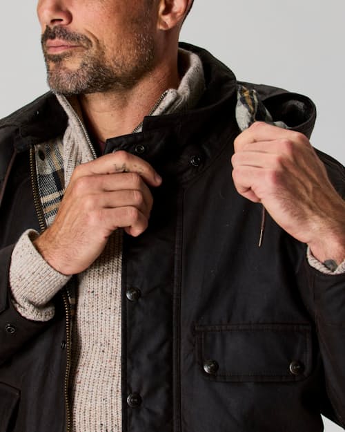on model image of Flannel-Lined Waxed Hudson Jacket