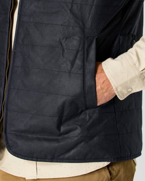 on model image of York Quilted Waxed Vest
