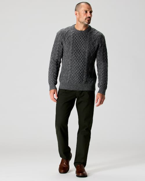 on model image of Aran Cable Knit Crewneck Sweater