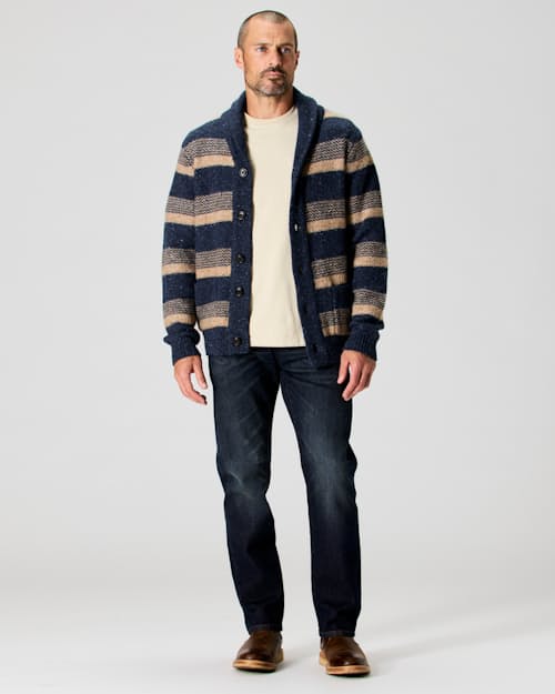 on model image of Merino Wool Stripe Cardigan Sweater