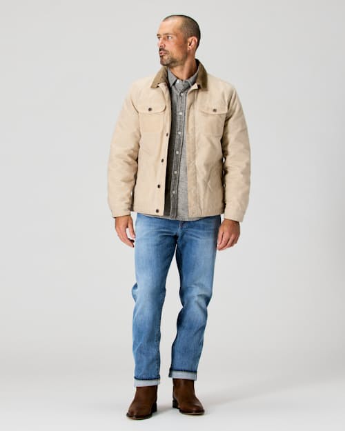 on model image of Flannel-Lined Quilted Waxed Rancher
