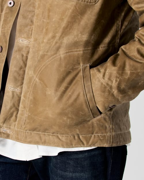on model image of Flannel-Lined Quilted Waxed Rancher