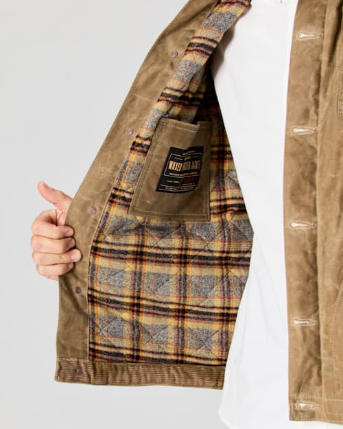 on model image of Flannel-Lined Quilted Waxed Rancher