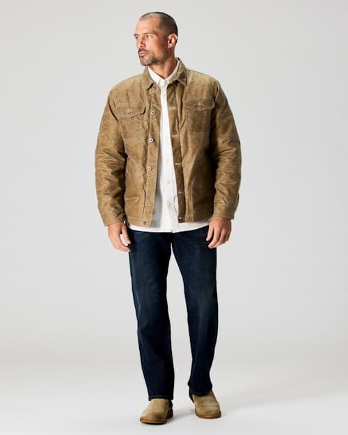 on model image of Flannel-Lined Quilted Waxed Rancher