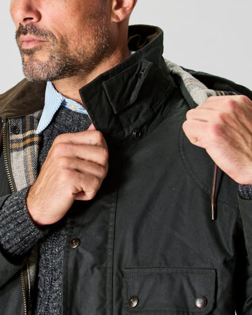 on model image of Flannel-Lined Waxed Hudson Jacket