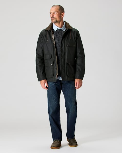 on model image of Flannel-Lined Waxed Hudson Jacket