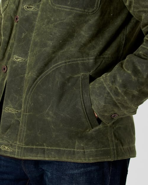 on model image of Flannel-Lined Quilted Waxed Rancher