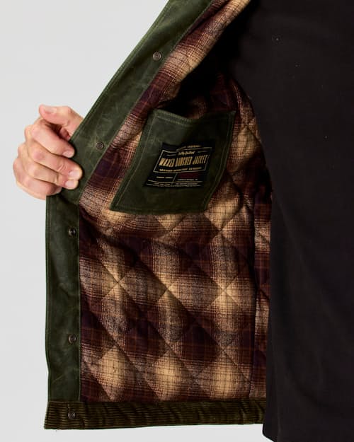 on model image of Flannel-Lined Quilted Waxed Rancher