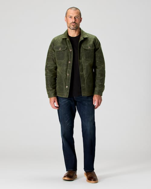 on model image of Flannel-Lined Quilted Waxed Rancher