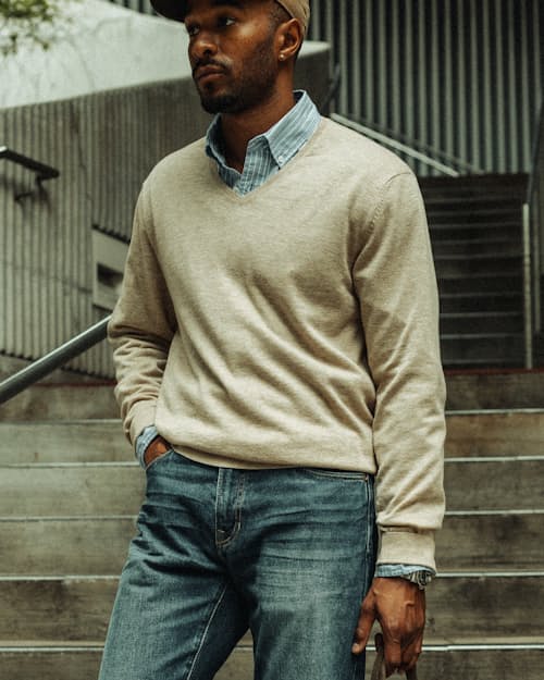 lifestyle image of Lightweight Cotton-Merino V-Neck Sweater