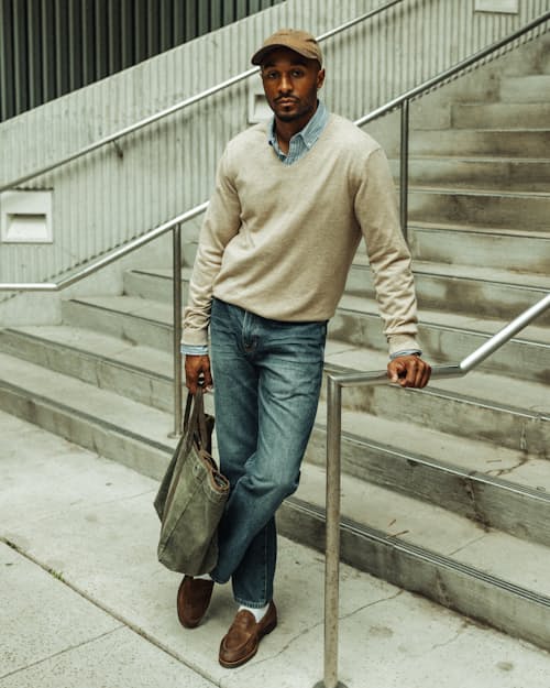 lifestyle image of Lightweight Cotton-Merino V-Neck Sweater
