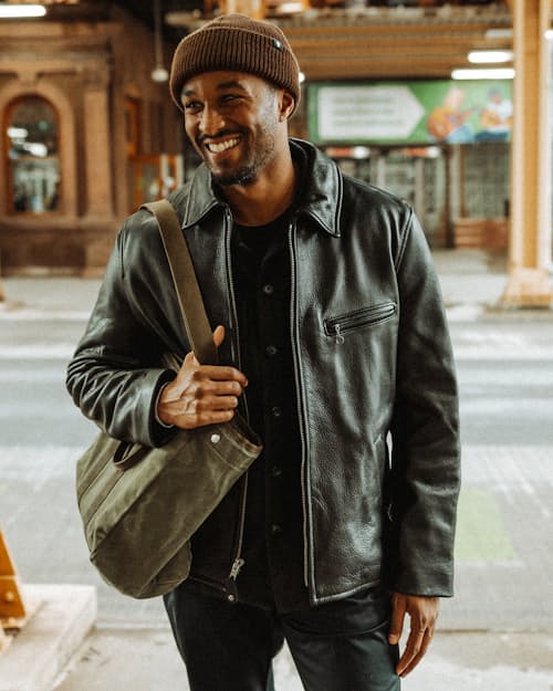 lifestyle image of Natural Pebbled Leather Jacket