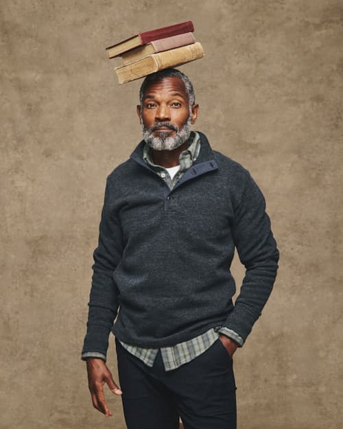 lifestyle image of French Ribbed Mock-Neck Sweater