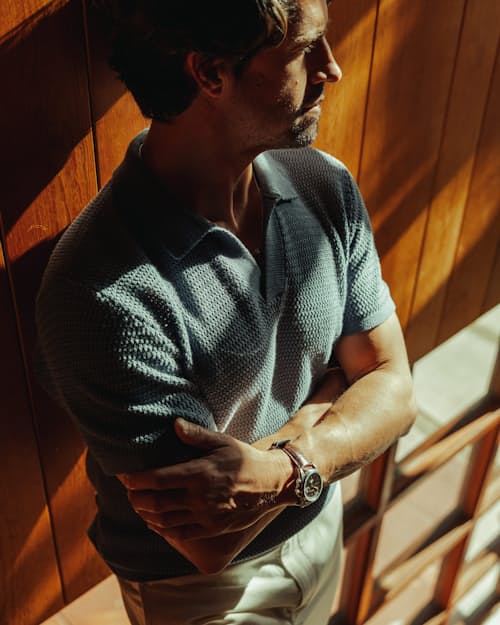 lifestyle image of Crochet Johnny Collar Polo