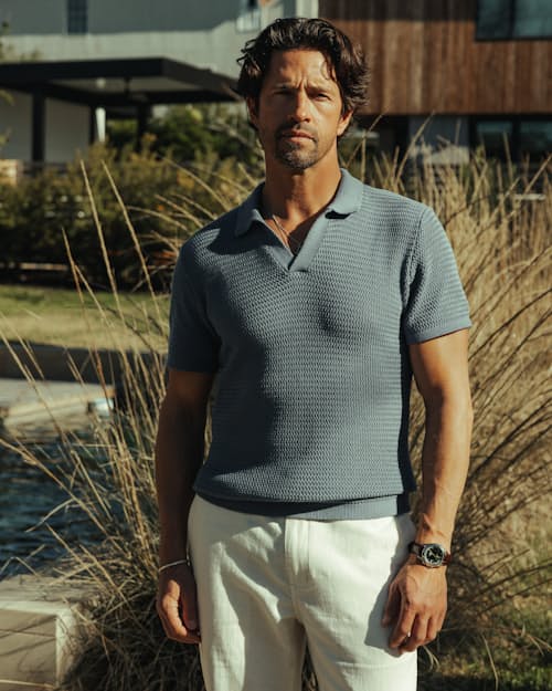 lifestyle image of Crochet Johnny Collar Polo