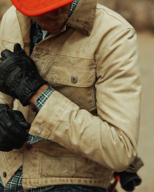 lifestyle image of Flannel-Lined Waxed Trucker Jacket