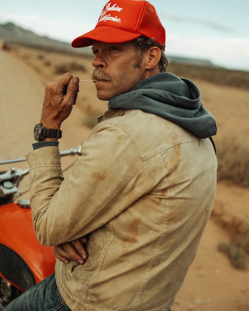 lifestyle image of Flannel-Lined Waxed Trucker Jacket