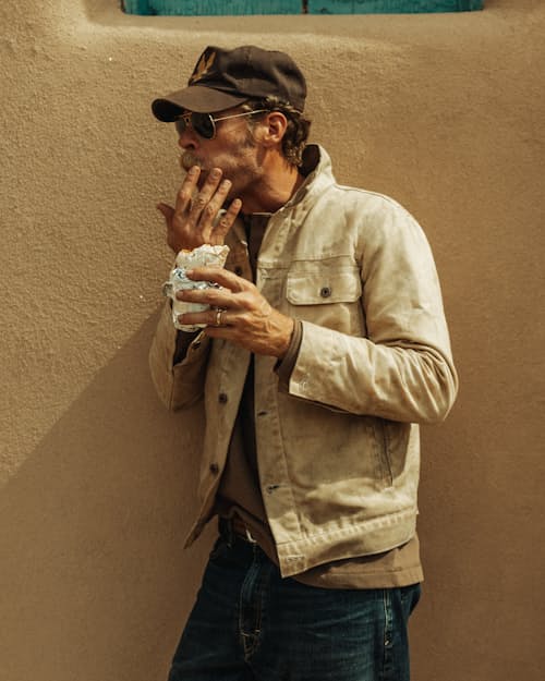 lifestyle image of Flannel-Lined Waxed Trucker Jacket