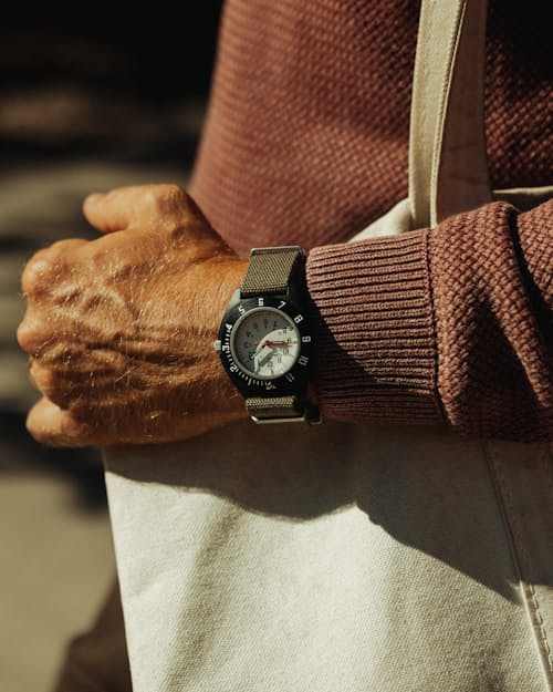 lifestyle image of Marathon x Huckberry 41 mm CeraShell Arctic NAV Watch
