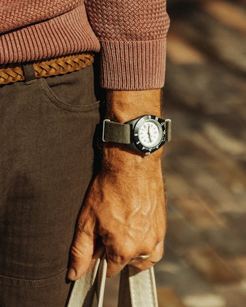 lifestyle image of Marathon x Huckberry 41 mm CeraShell Arctic NAV Watch