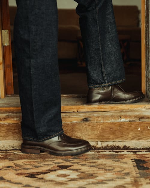 lifestyle image of Relaxed Straight Fit Selvedge Denim Jeans