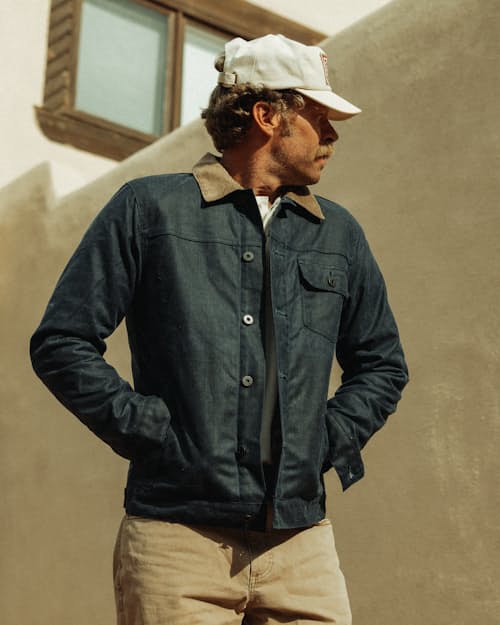 lifestyle image of Flannel-Lined Waxed Trucker Jacket - Special Edition