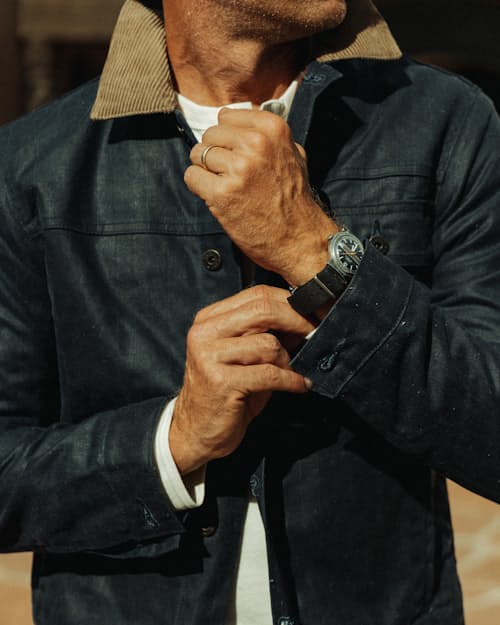 lifestyle image of Flannel-Lined Waxed Trucker Jacket - Special Edition