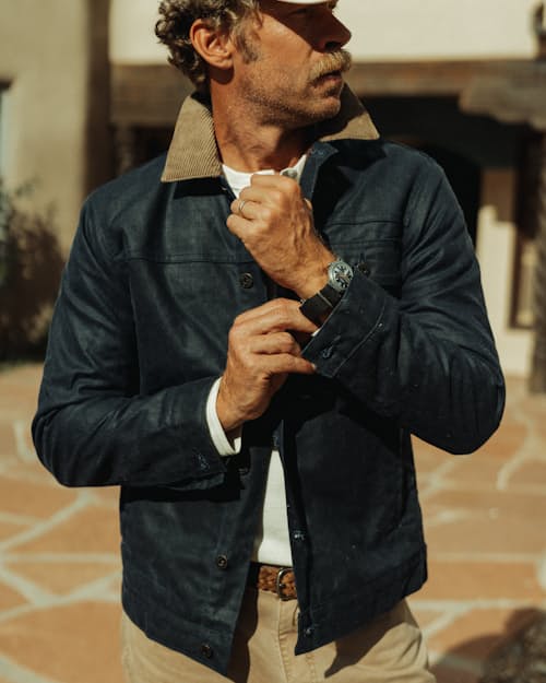 lifestyle image of Flannel-Lined Waxed Trucker Jacket - Special Edition