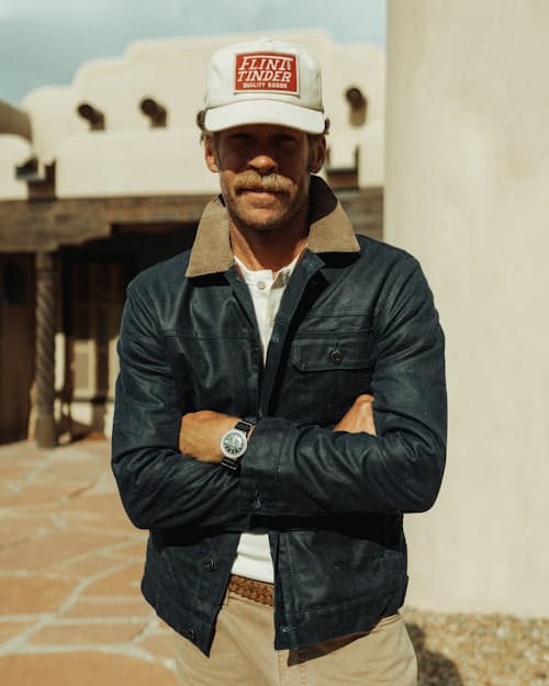 lifestyle image of Flannel-Lined Waxed Trucker Jacket - Special Edition
