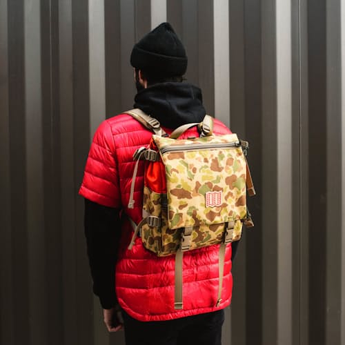 laydown image of Topo Designs x Nanga x Natal - 1000D Camo Rover Shoulder Bag