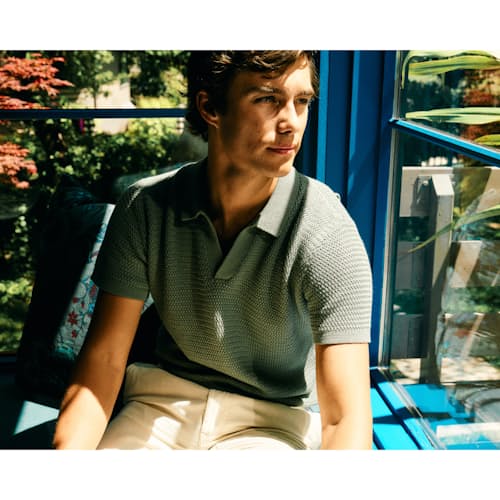 lifestyle image of Crochet Knit Polo Shirt