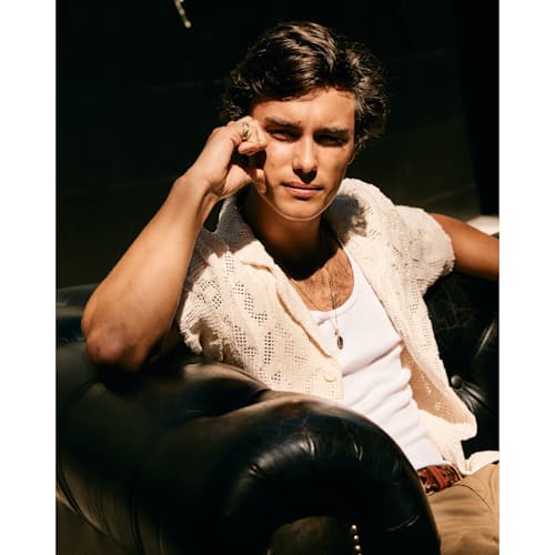 lifestyle image of Camp Collar Crochet Shirt