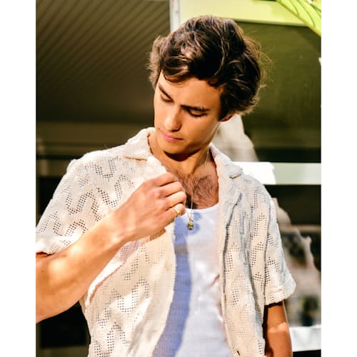 lifestyle image of Camp Collar Crochet Shirt