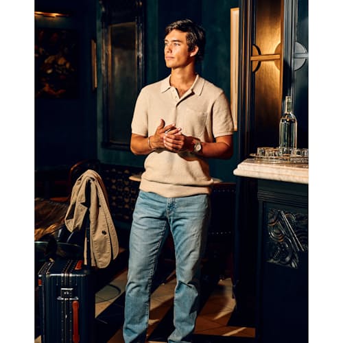 lifestyle image of Cotton Linen Sweater Polo Shirt