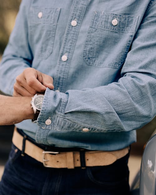 lifestyle image of Chambray Crossback Work Shirt