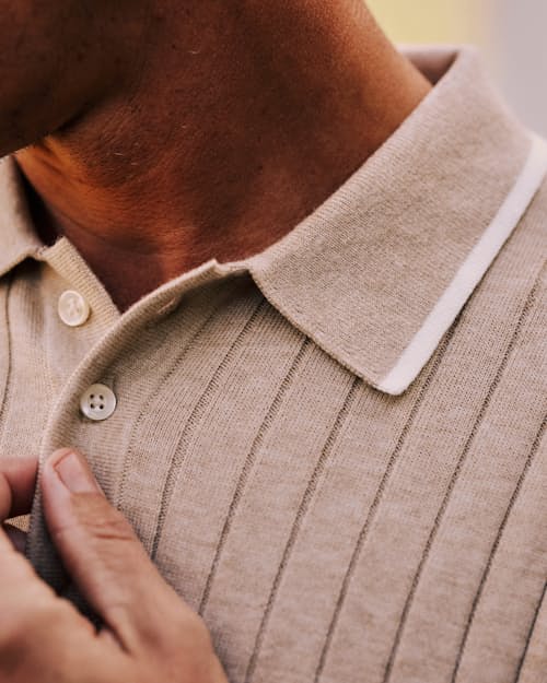 lifestyle image of Short Sleeve Cotton Cashmere Drop Rib Polo
