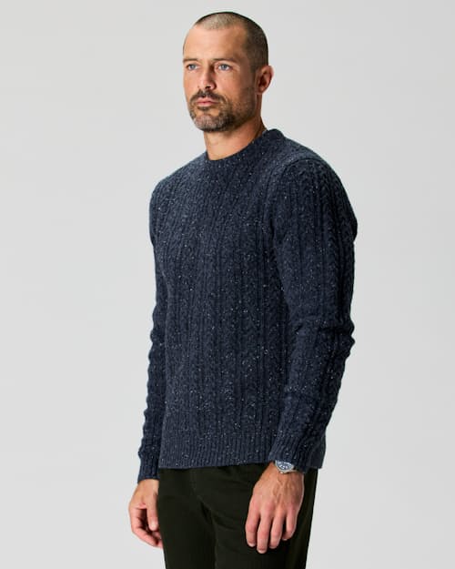 on model image of Highlands Guide Cable Crewneck Sweater