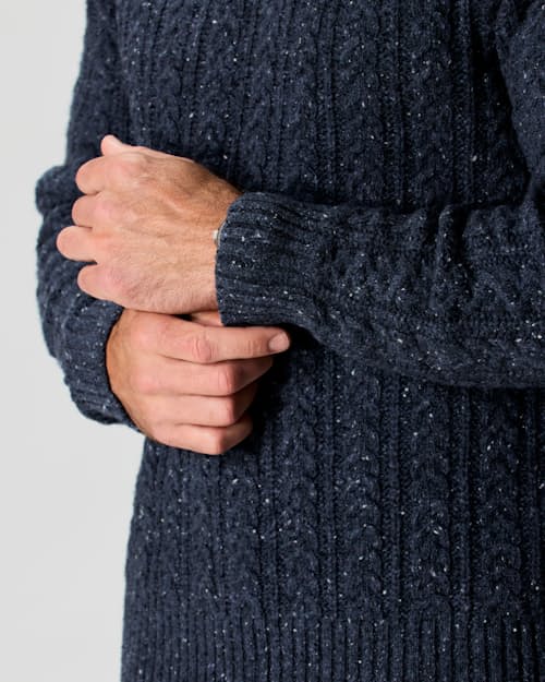 on model image of Highlands Guide Cable Crewneck Sweater