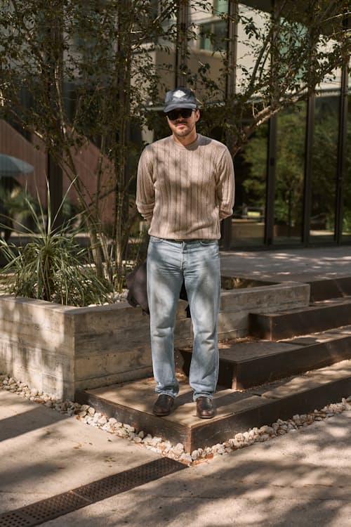 lifestyle image of Open Knit Stitch Crewneck Sweater