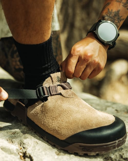 lifestyle image of Huckberry x Bedrock Mountain Clog