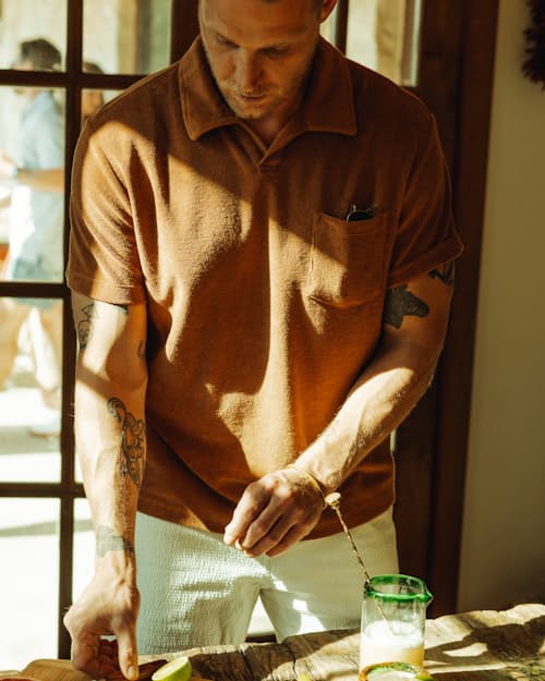 lifestyle image of Towel Terry Johnny Collar Polo