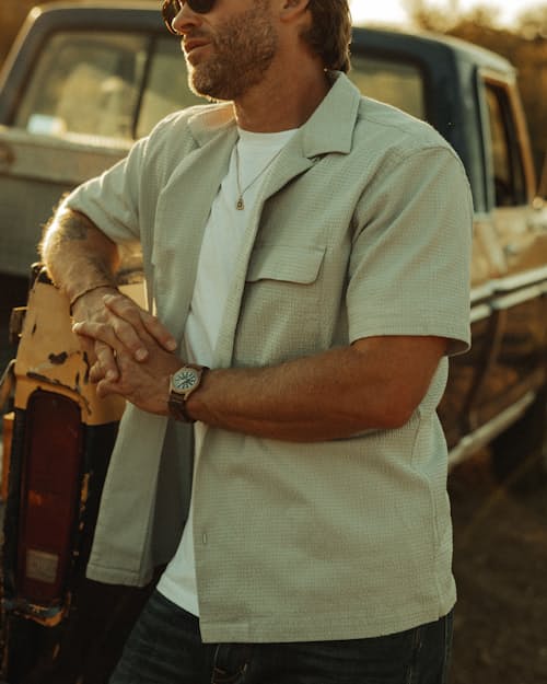 lifestyle image of Seersucker Keys Camp Shirt