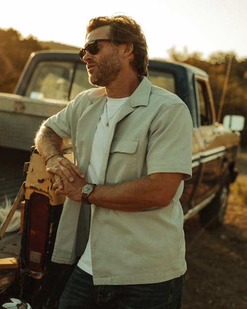 lifestyle image of Seersucker Keys Camp Shirt