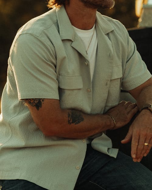 lifestyle image of Seersucker Keys Camp Shirt