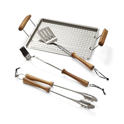 laydown image of Smoked Acacia 4 Pc. Grill Set w/ Non-Stick Grill Tray