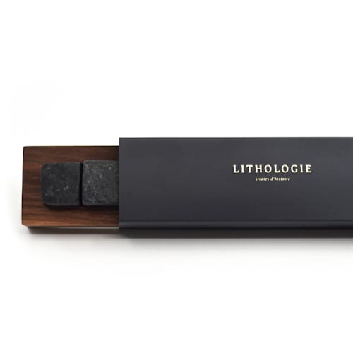 laydown image of Dark Granulite Hornblende Whiskey Stones with Tray