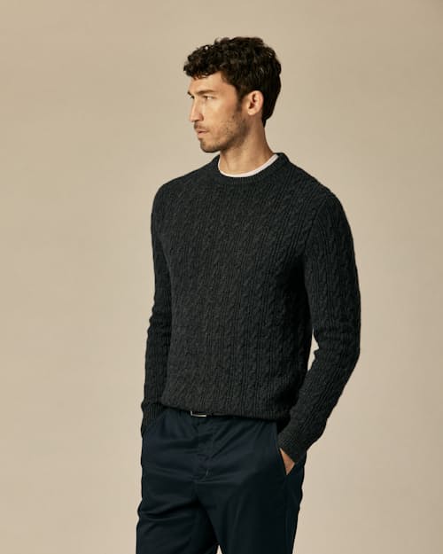 on model image of EasyCash Cable Knit Sweater