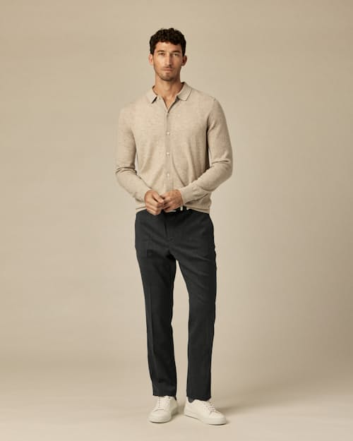on model image of EasyCash Long Sleeve Polo Cardigan