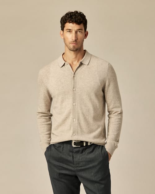 on model image of EasyCash Long Sleeve Polo Cardigan