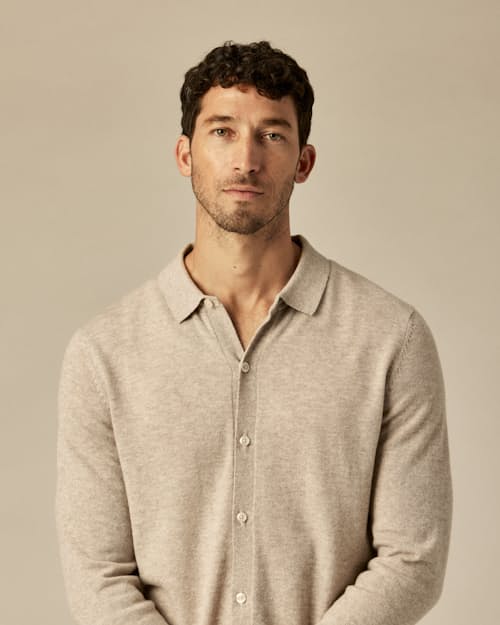 on model image of EasyCash Long Sleeve Polo Cardigan